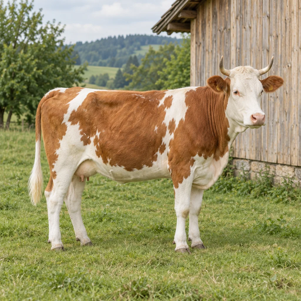 Czerwono białe zwierzę z białą głową i zakrzywionymi rogami stoi na trawie obok drewnianej szopy.