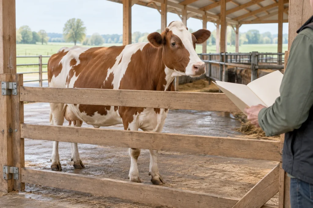 Biało brązowe zwierzę z gatunku bydła za drewnianym ogrodzeniem; po prawej osoba trzyma otwartą teczkę z pustymi kartkami.