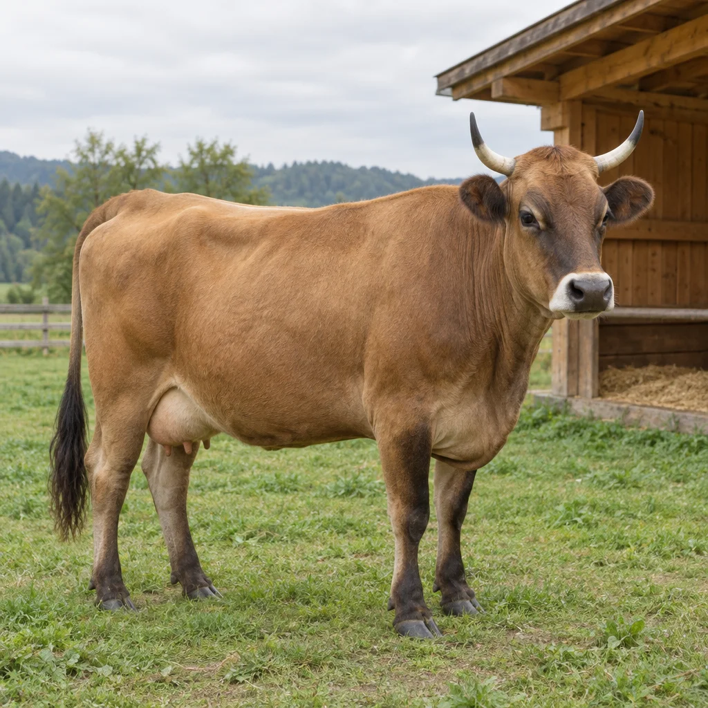 Brązowa krowa z ciemnymi nogami, ciemną kiścią ogona i jasnymi rogami o ciemnych końcach stoi na trawie obok drewnianego schronienia.