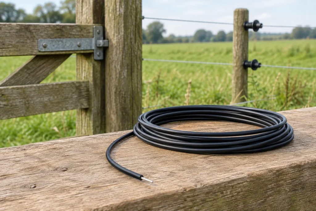 Zwinięty czarny izolowany kabel do ogrodzenia elektrycznego z widoczną metalową żyłą, leżący na drewnianym płocie przy pastwisku.