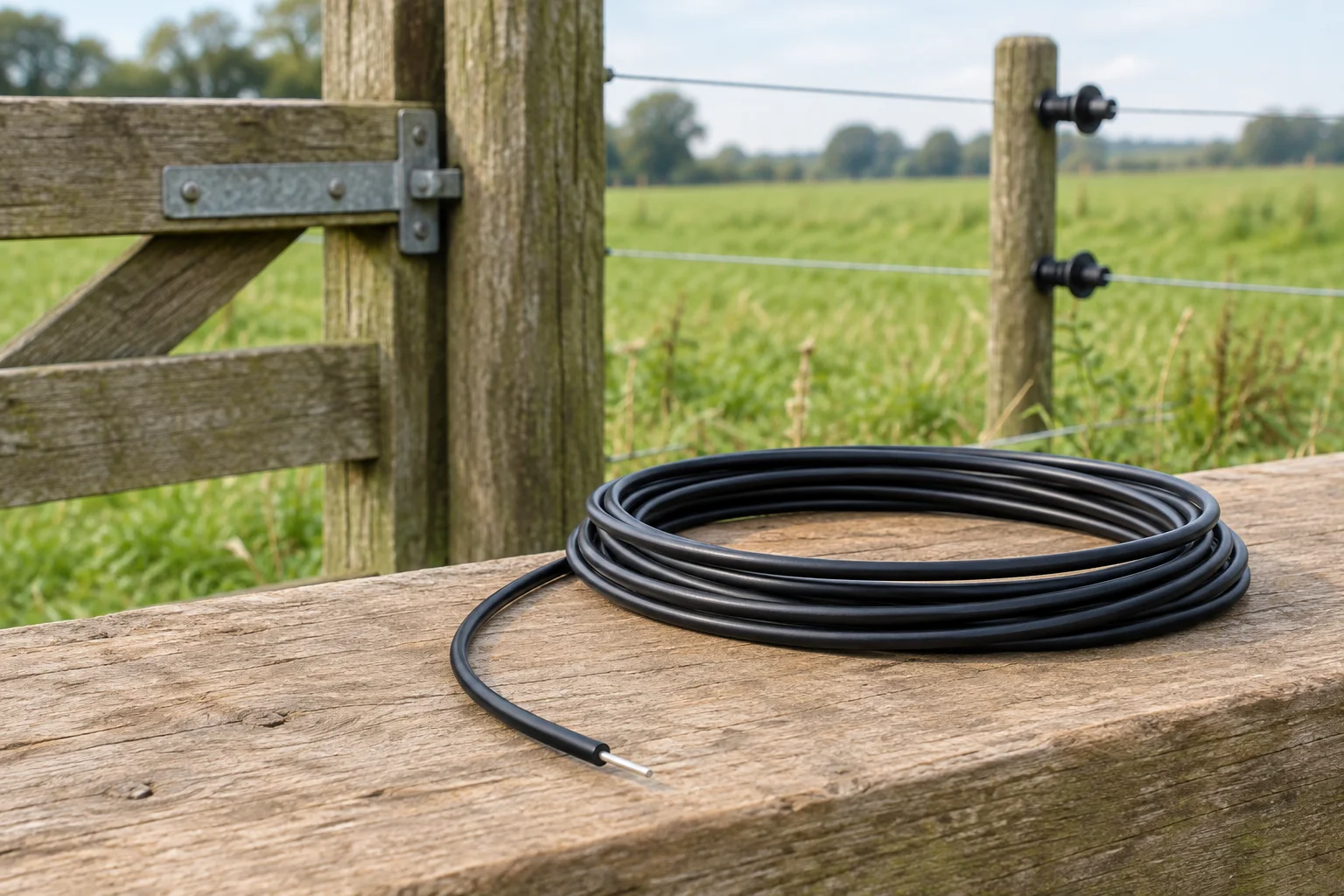 Zwinięty czarny izolowany kabel do ogrodzenia elektrycznego z widoczną metalową żyłą, leżący na drewnianym płocie przy pastwisku.