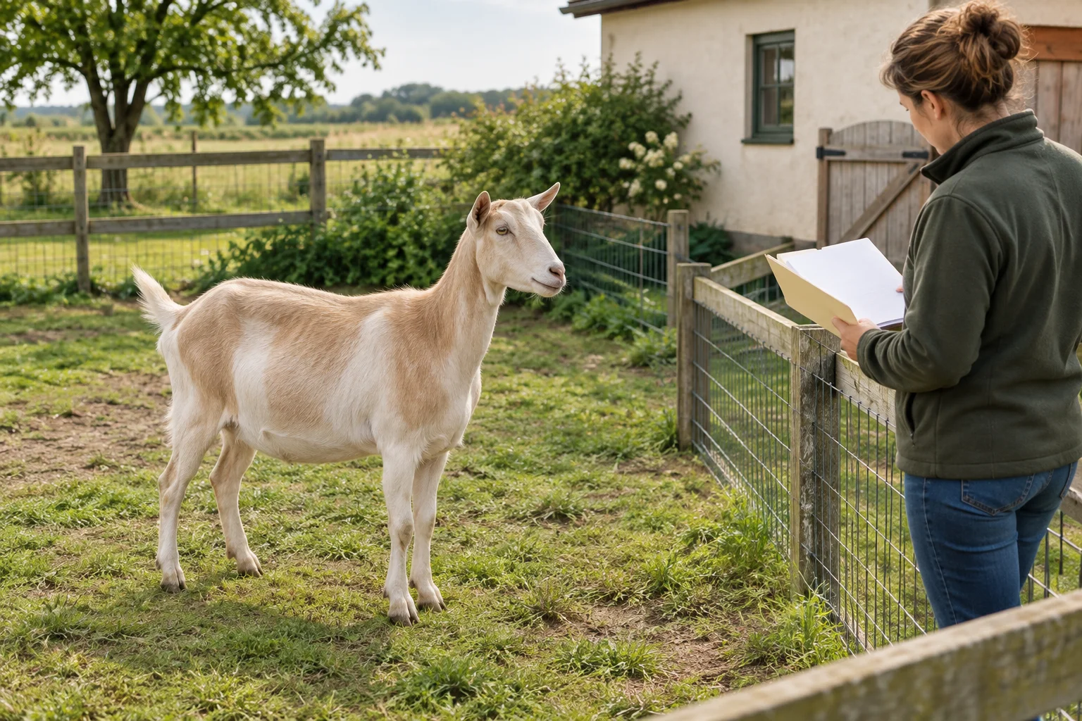 Jasnobrązowa koza stoi na ogrodzonym pastwisku, a osoba przy bramie patrzy na puste kartki papieru.