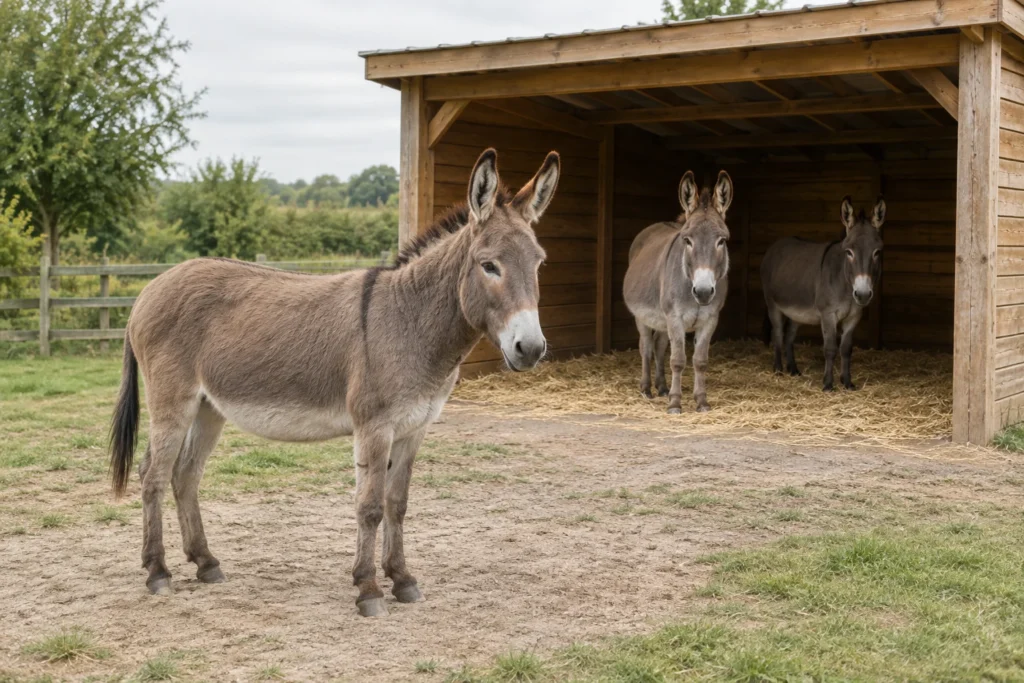 Trzy osły przy otwartej drewnianej wiacie; jeden stoi przed nią, a dwa wewnątrz na słomie.