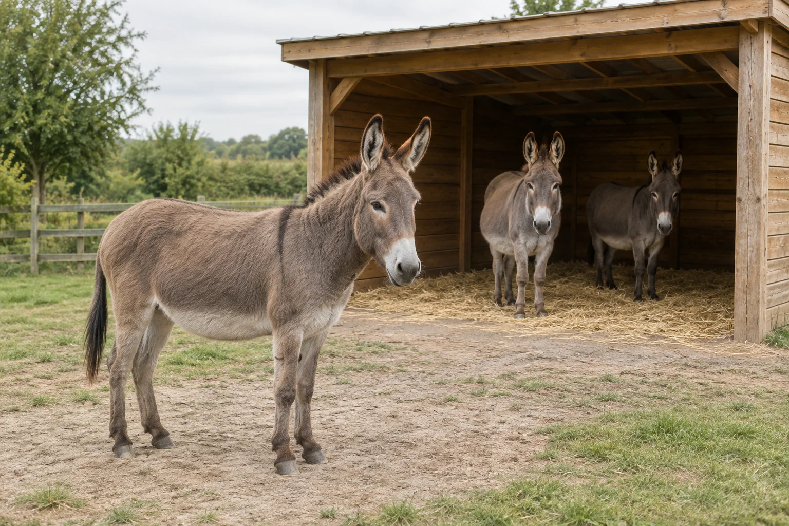 Trzy osły przy otwartej drewnianej wiacie; jeden stoi przed nią, a dwa wewnątrz na słomie.