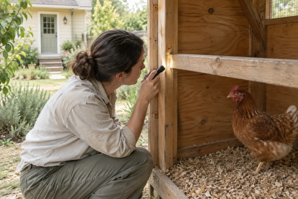 Osoba oświetla latarką połączenie drewnianych elementów w kurniku. W kurniku stoi kura, a w tle widać dom.