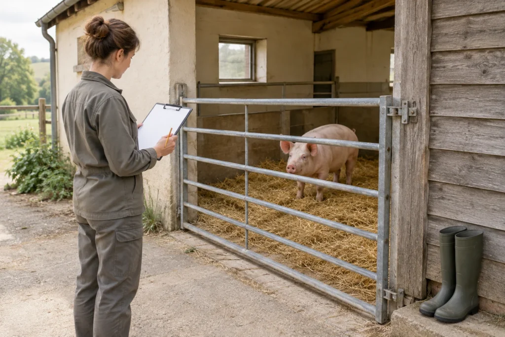 Kobieta z pustą podkładką do pisania stoi na zewnątrz przed zamkniętą bramą. Za nią w budynku inwentarskim na słomie stoi świnia; obok bramy stoją gumowe buty.