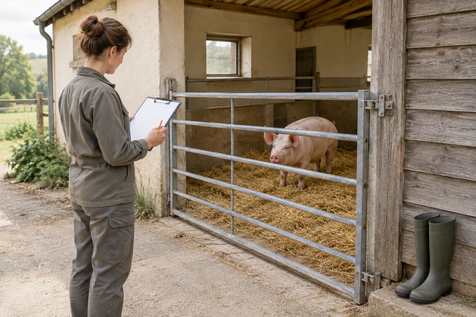 Kobieta z pustą podkładką do pisania stoi na zewnątrz przed zamkniętą bramą. Za nią w budynku inwentarskim na słomie stoi świnia; obok bramy stoją gumowe buty.