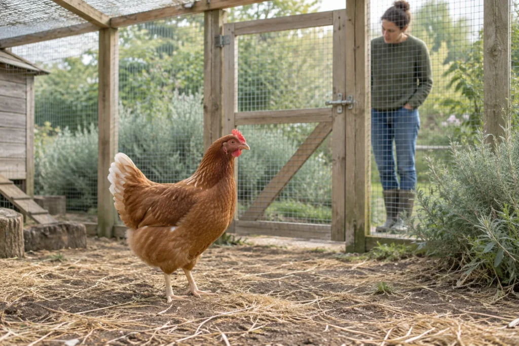 Brązowa kura na ogrodzonym wybiegu, obok drewnianej furtki stoi osoba.