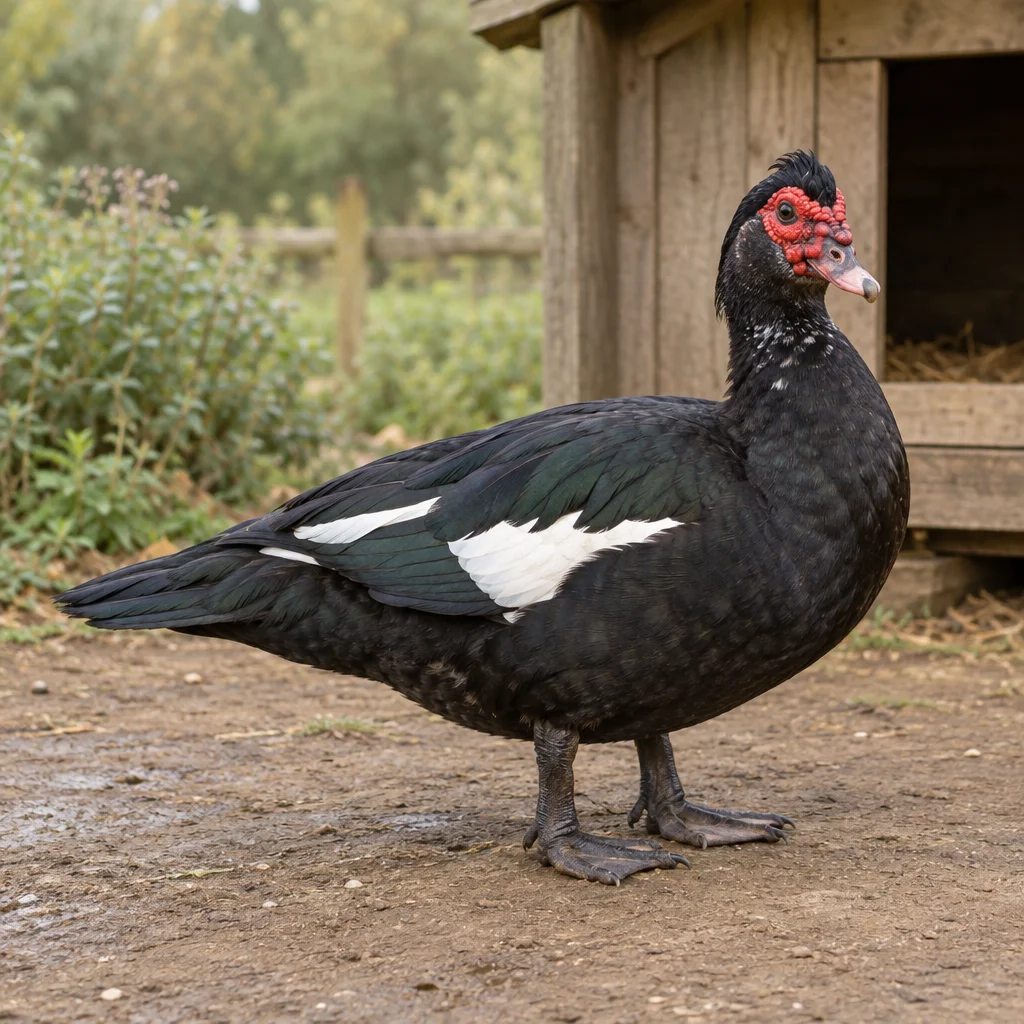 Czarna kaczka barbarie z białymi plamami na skrzydłach i czerwoną skórą wokół oczu, stojąca na podwórzu przy drewnianym schronieniu.