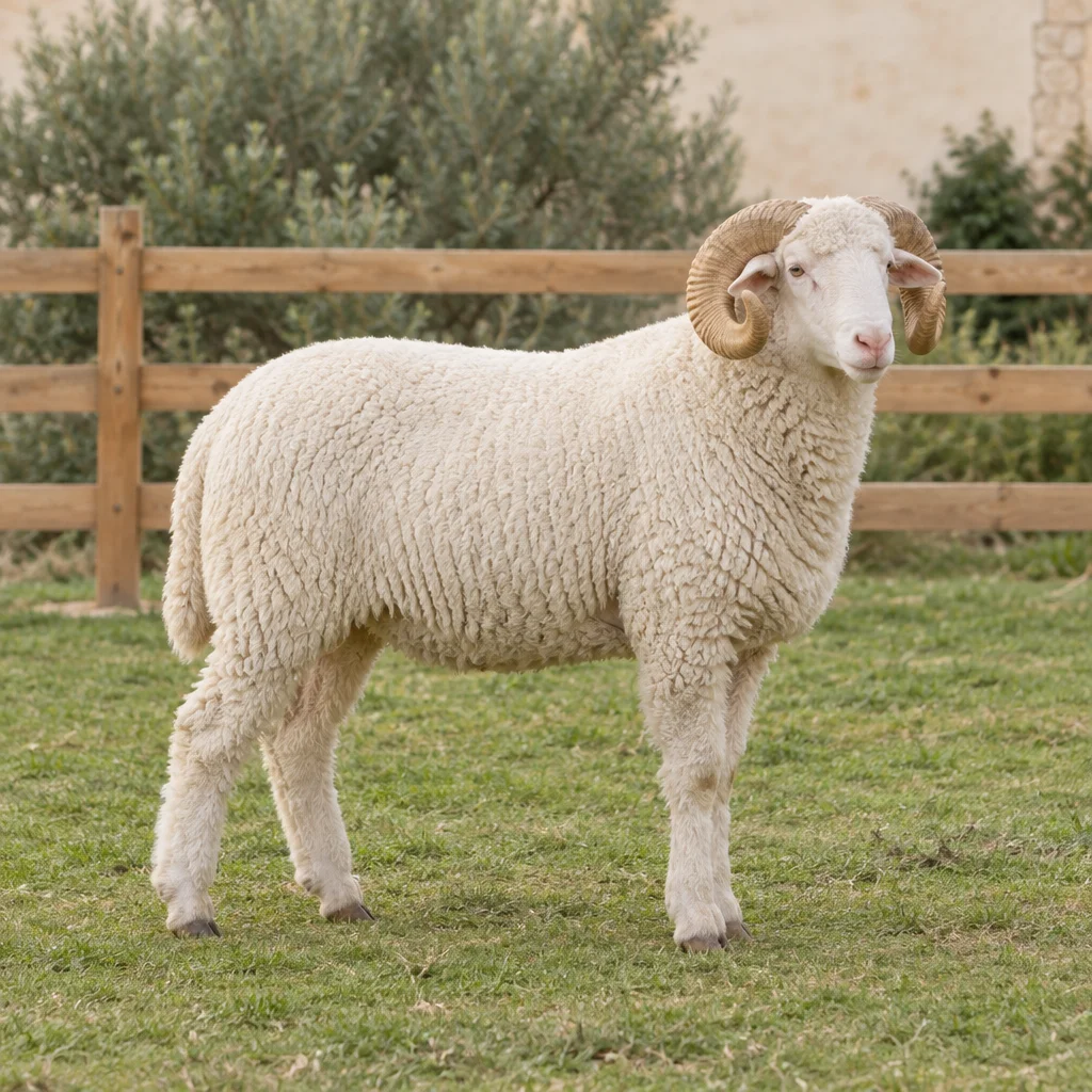 Biały tryk z zakręconymi rogami stoi na trawie przed drewnianym płotem.