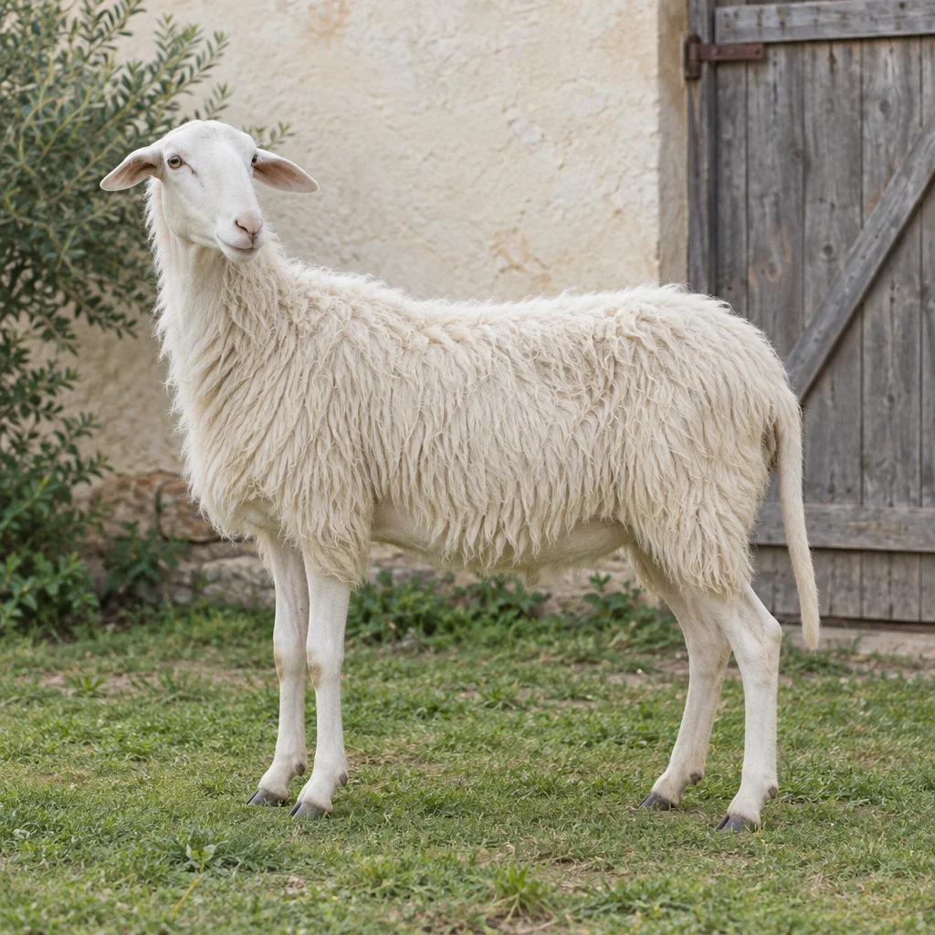 Ilustracja białej owcy o luźnej okrywie wełnistej, uszach skierowanych na boki i długim ogonie, stojącej na trawie przy drewnianych drzwiach stajni.