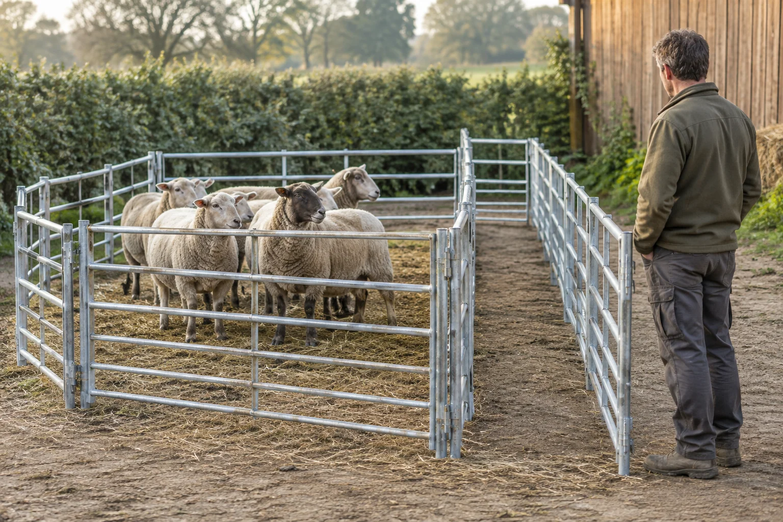 Grupa owiec stoi między metalowymi panelami na podwórzu gospodarstwa. Obok zagrody biegnie pusty korytarz; osoba stoi na zewnątrz paneli.