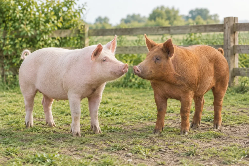 Jasnoróżowa i czerwonobrązowa świnia stoją naprzeciw siebie na ogrodzonym terenie na zewnątrz.